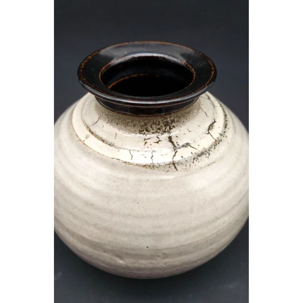 Vintage 70s Hand Crafted Studio Cracked Glaze Raku Moon Stoneware Pottery Vase